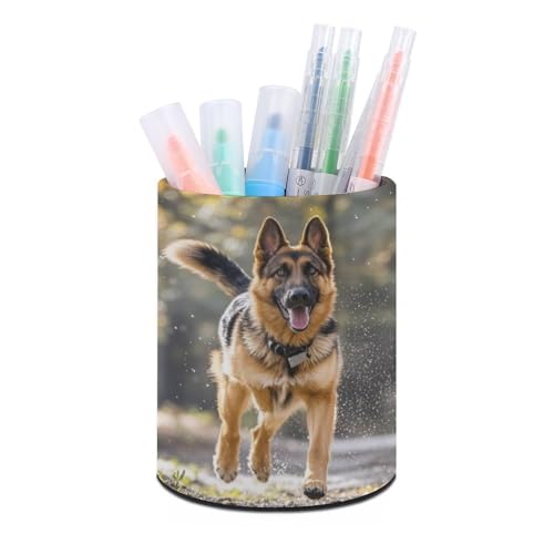 YHNNH Portalápices de piel sintética, diseño de pastor alemán con estampado de perro, redondo, organizador de escritorio para el hogar y la oficina