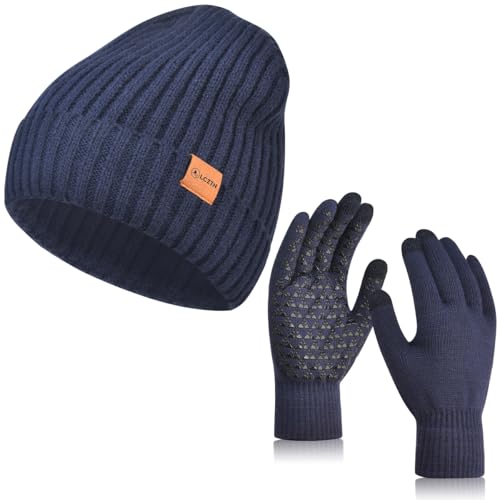 LCZTN Winter Beanie Hat and Touchscreen Gloves Set for Men and Women Beanie Gloves Set with Warm Knit Fleece Lined (US Alpha One Size Navy Blue)