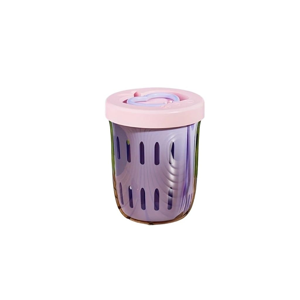 Lopheco 1Pc Drainable Fruit Cup With Fork, Double Layer Leak-Proof Sealed Container For Kitchen Picnic Snack Storage(Pink purple)