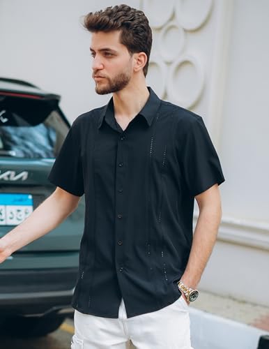 COOFANDY Mens Cuban Shirt Short Sleeve Button Up Beach Shirt Guayabera Shirts for Men Black - Image 2