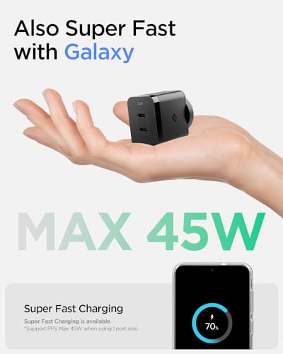 Image of Spigen Fast Charging Adapter, GaN Charger, Total 45w, PD /PPS Support, BIS Certified for iPhone 17 /16 /15(Pro,Pro Max,Plus), Galaxy S26 /S25 /S24, iPad, MacBook Air and More (PE2211IN) - Black