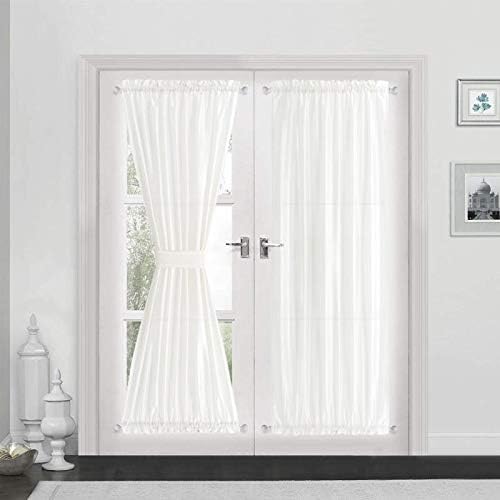 Vangao French Door Curtains Set of 2 White Glass Door Window Curtains Drapes Faux Silk Privacy Rod Pocket Front Door Curtain Small Window with Bonus Tieback W54 x L72 2 Panels