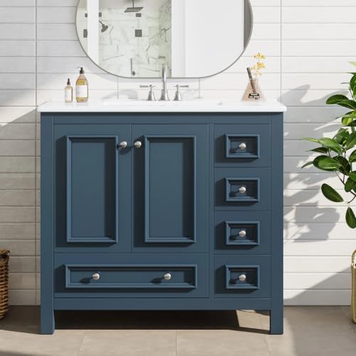 Image of Tribesigns 30 inch Bathroom Vanity with Sink, Freestanding Bathroom Vanities Cabinet with Ceramic Basin Combo, Bathroom Sink Cabinet with 2 Doors and 1 Drawer, Solid Wooden Frame (Misty Blue, 36 INCH)
