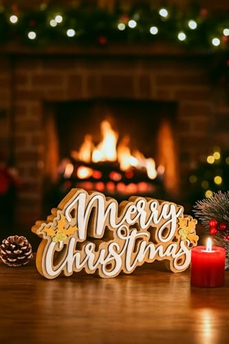 Image of Marco Paul 23cm White Glitter Merry Christmas Sign - Freestanding Wooden Plaque Christmas Table Decoration– 3D Letter Block Table Centrepiece for Mantels & Windows - Xmas Gifts For Women