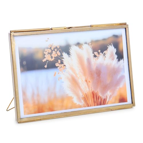 Fenzo Vintage Style 4x6 inch Landscape Metal & Glass Hanging Free Stand Picture Gold Photo Frame Desktop Picture Frames for Photos, Artwork, & Pressed Leaves, Floating Display Frames