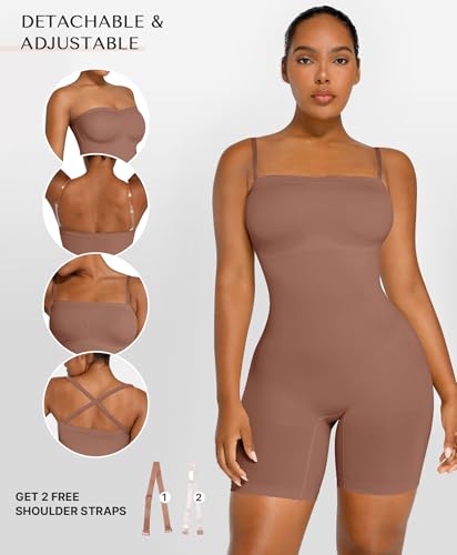 Image of SHAPELLX Women's Shapewear Bodysuits Tummy Control Butt Lifter Body Shaper Strapless Seamless Mid Thigh Jumpsuit Tops