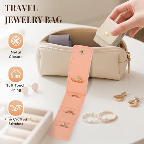 Mini Travel Jewelry Bag,3 Pcs Portable Jewelry Travel Pouch with Buckle, Foldable Small Organizer Case for Women, Earring Slots & Zipper Pockets for Trips, Gifts & Daily Use(White,Pink,Gray)3