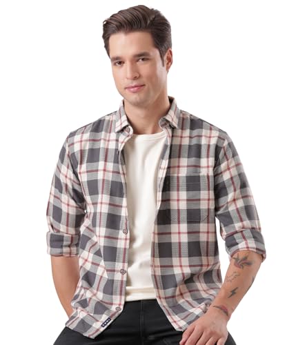 Image of TURMS Men's Casual Checks Shirts, Odor Control, Moisture Wicking, Button Down Collar, Cool Tech Cotton Fabric, Tailored Fit, Full Sleeve