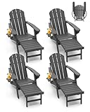 GREENVINES Adirondack-Chairs-with-Ottoman | Set of 4 | Folding | Retractable-Footrest | HDPE Plastic | All Weather Fire Pit Chair | Cup Holders | Grey | for Outdoor Poolside