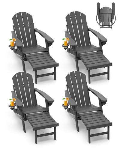 GREENVINES Juego de 4 sillas plegables Adirondack con otomana, de plástico HDPE para todo tipo de clima, con portavasos y reposapiés para hoguera, terraza, patio, porche al aire libre, césped, gris