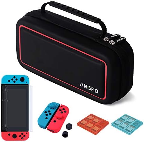 ANGPO for Nintendo Switch 4in1 Protector Kit,Hard Shell Travel Case/Joycon Grips Guards/2x HD Anti Glare Switch Screen Protector/2x Game Card and Micro SD Card Case (PU-Red)