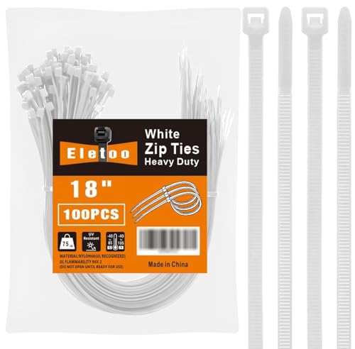 Eletoo 100 PCS 18 inch White Zip Ties Heavy Duty 75LBS Tensile Strength Self-Locking Heavy Duty UV Resistant Cable Ties for Indoor and Outdoor