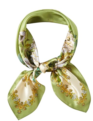 WUZININGLE 100% Mulberry Silk Scarf 27''x27'' Medium Square Silk Head Scarf for Women Silk Hair Scarf Silk Neck Scarf Fashion Pattern (Peony Flower- Green)