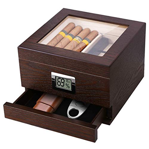 Handmade Cedar Cigar Humidor, Natural Wood Texture Glass Top Cigar Humidor Case for 30-50 Cigars, Digital Hygrometer Humidifier and Accessory Drawer, Desktop Humidors(30-50 Cigars)