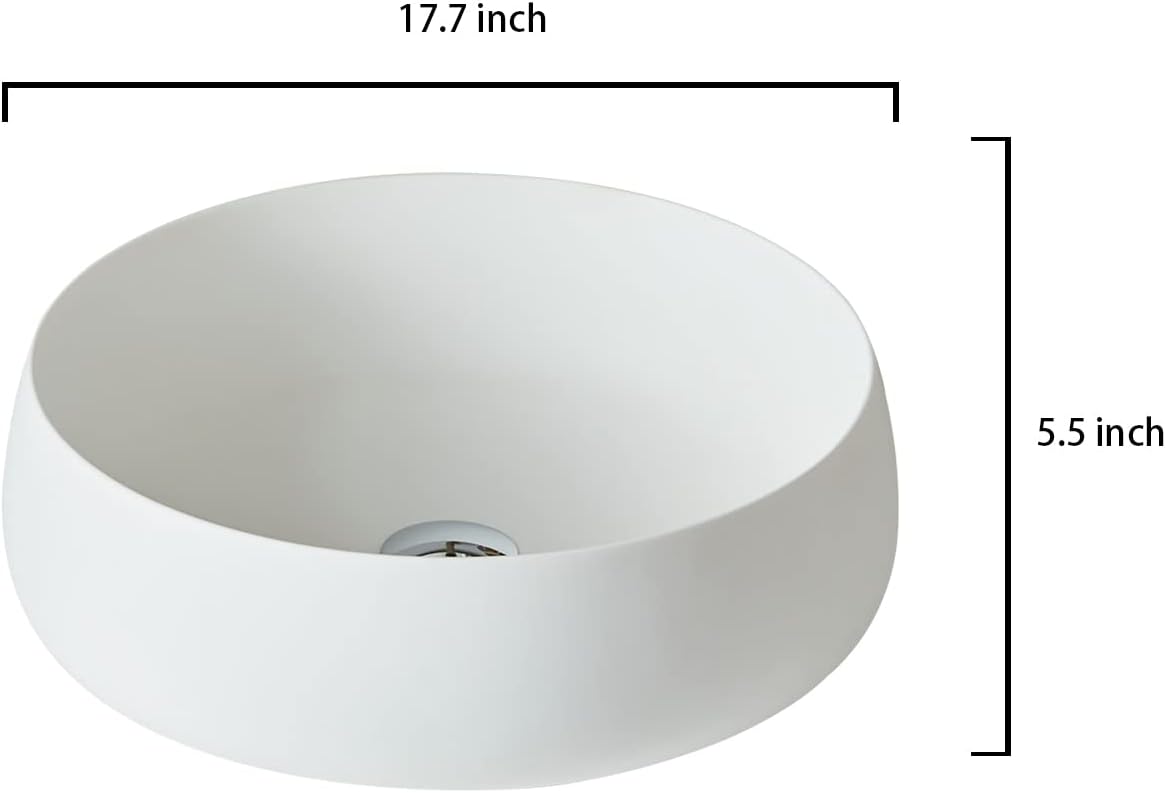 Cpingao Bathroom Sink Matte White Stone Resin 17.7'' Round Bathroom Vessel Sink, Above Counter Vessel Sink Basin with Pop-up Drain (White)