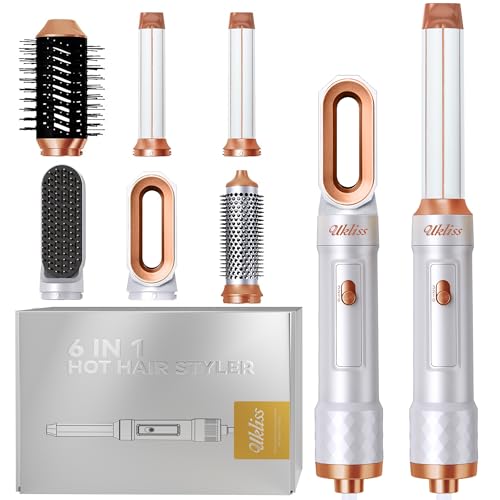 UKLISS Hair Styler 6 in 1, Phon Spazzola Asciugacapelli con Piastra Capelli, Arricciacapelli Automatico, Hair Dryer, Thermal Brush, Spazzola Aria Calda per Donne Ricci, Lisci, Voluminosi - Bianco