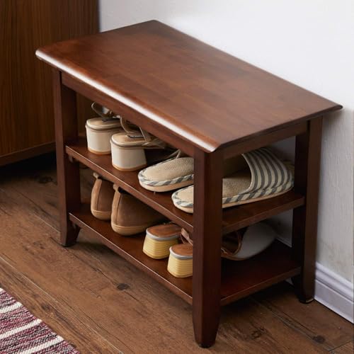Image of Solid Wood Shoe Rack Bench | 3 Tier Shoe Storage Organizer for Entryway, Hallway & Living Room | Multipurpose Wooden Shoe Stand | Space Saving Footwear Rack for Home | Walnut Finish (60 CM)