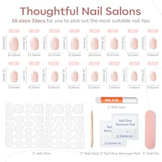 modelones French Tip Press On Nails, Short Oval Fake Nails Press Ons with Nail Glue, Adhesive Tabs, Nail File, Prep Pad, Manicure Stick, 32Pcs 16 Sizes, Nude, Spring Women Girl Gift
