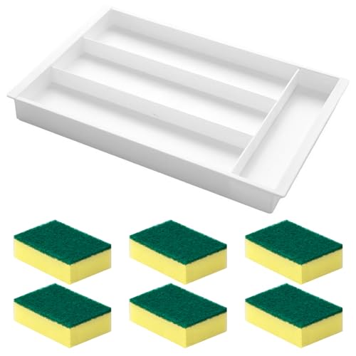 Fayskpwe Portautensilios extensible, bandeja para utensilios extensible, bandeja ajustable, soporte extensible con seis esponjas para platos, utensilios de cocina.