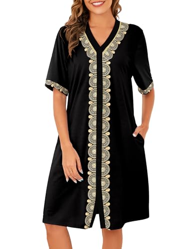 Bloggerlove Cotton Nightgowns for Women Floral Button Down Housecoat Long House Dress with Pocket