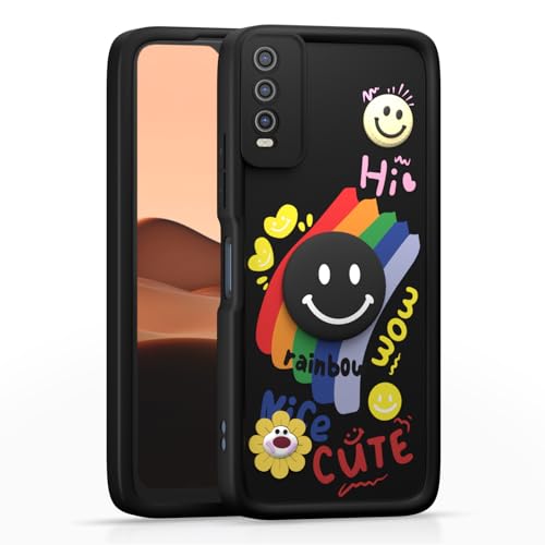 Image of Pikkme Back Cover for Vivo Y12s / Y20 / Y20i / Y20G | Soft Silicone| Cute Rainbow Smile & 3D Cartoon Flower Design | Shockproof Raised Camera Protection Bumper Case (Black)