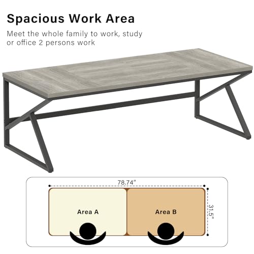 Image of HSH 78 Inch Long Home Office Desk, Extra Large Grey Computer Desk for 2 Person, Industrial Wooden and Metal Executive Work Writing Study Gaming Desk Table, Modern Bedroom PC Laptop Desk Double Desk