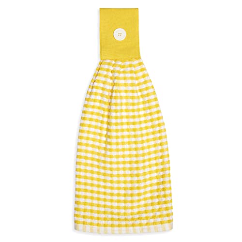 Cackleberry Home Gingham Check Terrycloth Hanging Kitchen Hand Towel Cotton With Button Accent, Set Of 2 (Lemon Yellow) #TOP3