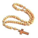 COLORFUL BLING Natural Wooden Catholic Rosaries Wood Crucifix Prayer Beads Pendant Necklace Prayer Jesus Religious Cross Rosary Necklace Handmade Jewelry (light textured)