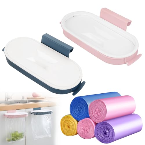 Portable Trash Bag Holder 2Pcs Garbage Bag Holder Compact Garbage Can with 75Pcs Garbage Bags for Kitchen Cabinet Door Storage Cupboard (Blue & Pink)