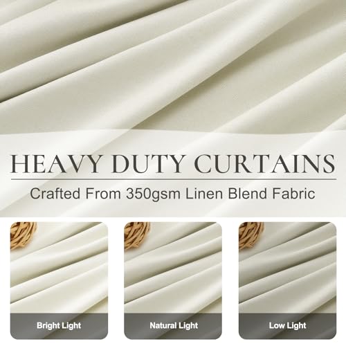 Image of Light Cream Linen Curtains 90 Inches Long Decorative Total Blackout Window Curtains Cute for Nursery /Sliding Glass Doors Pinch Pleated with Hooks Linen Blend Insulated Thermal Drapes 2 Panels