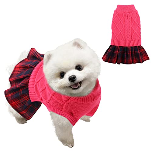 Dog Sweater Dress Cat Pullover Sweatshirt with Classic Plaid Pattern Skirt Winter Turtleneck Knitwear with Leash Hole Christmas