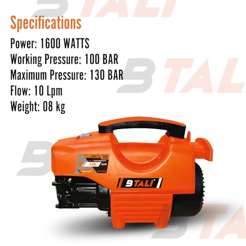 Image of BTALI BT 1000 HPW Advance 1600W High-Pressure Washer for Powerful Cleaning, 130 BAR Max, 10 Lpm Flow, Portable Car /Home Cleaning Machine with Turbo & Adjustable Nozzles