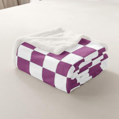 Image of Erosebridal Girls Purple Checkered Fleece Bed Blanket White Lavender Buffalo Plaid Grid Throw Blanket Queen 90 inchX90 inch,Checkerboard Sherpa Blanket for Kids Teen Women Geometrical Gingham Fuzzy Blanket