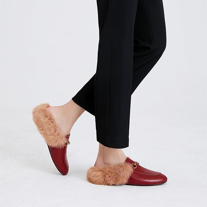 Vertundy Fur Mules with Matal Buckle Slip On Flats for Women Backless Sandals Dress Shoes Work Slides - Image 5