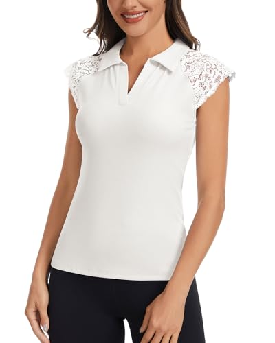 Soneven Women's Cap Sleeve Polo Shirts Lace V Neck Short