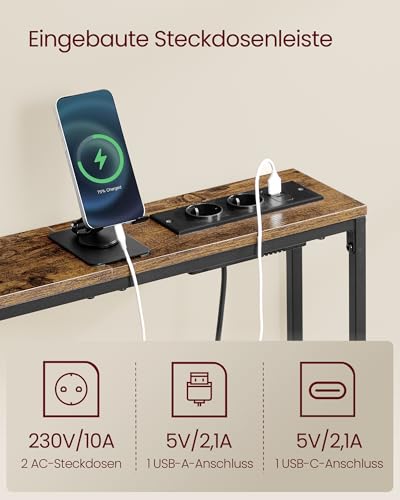 VASAGLE Konsolentisch mit Ladestation, schmaler Sofatisch, Flurtisch, 15 x 100 x 80 cm, mit Haken, einfache Montage, für Flur, Wohnzimmer, vintagebraun-tintenschwarz LNT079K02