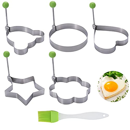 5 pcs Molde Huevo Frito acero Inoxidable,Anillo Huevo,5 Formas Diferentes de Molde Huevo Frito,Antiadherentes Huevos Fritos Moldes,Con 1 Cepillo de aceite,Utilizado para Huevos Fritos,Panqueques(3)