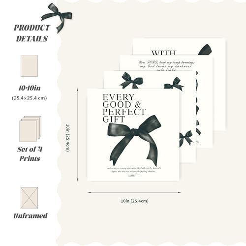 Image of LARTSFRO Coquette Black Bow Bible Wall Art Decor Posters, Black Bow Room Bedroom Bathroom Dorm Wall Art Decor Aesthetic for Teen Girls Gifts, Inspirational Bible Verses Bow Wall Decor, 10x10 Inch Set of 4 Pcs Bow Pictures (UNFRAMED)