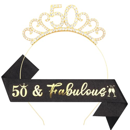 50th Birthday Decoration for Women Black Gold Birthday Sash and Rhinestone Headband for Womens 50th Birthday Party Decor