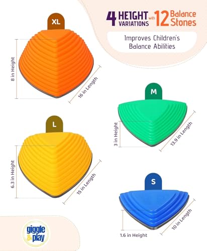 Giggle & Play Stepping Stones For Kids, Set Of 12, Montessori Indoor and Outdoor Balance Stepping Stones, Promotes Coordination, Balanced Strength Child Safe Rubber, Sports, Vibrant Colors, Non-Slip Edges