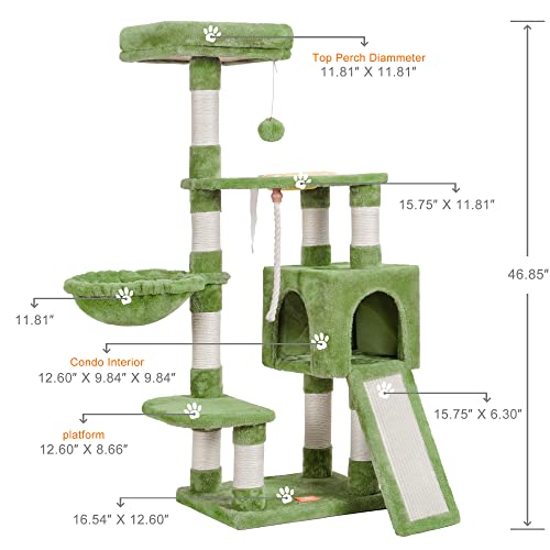Image of Heybly Cat Tree Cat 46 inches Tower for Indoor Cats Multi-Level Cat Furniture Condo with Feeding Bowl and Scratching Board Green HCT010SGR