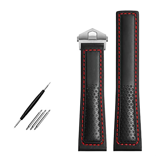 Bracelet montre cuir 22mm pour Fiyta sur mesure avec surpiqûres rouges