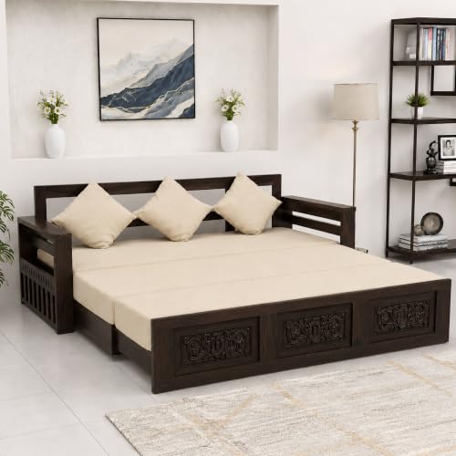 Image of SONA ART & CRAFTS Maharaja Sheesham Wood 3 Seater Sofa Cum Bed | Wooden 3 Seater Sofa for Living Room Wooden Furniture Sofa Bed for Home (Walnut Finish)