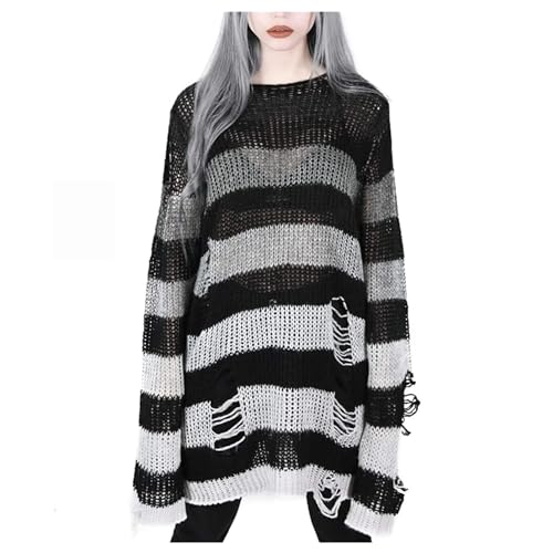 Gothic Gestreifter Pullover Damen Lang Punk Grunge Strickpullover Oversize Ripped Langarmshirt Vintage Rundhals Y2K Clothes Pulloverkleid Halloween...