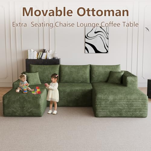 Image of 95 inch Modular Sectional Sofa with Ottoman, Modern Corduroy Cloud Couch with Deep Seat, Boneless Couch Upholstered 3-Seater U-Shaped Sofa for Living Room, No Assembly (Green,Right-Facing Chaise)