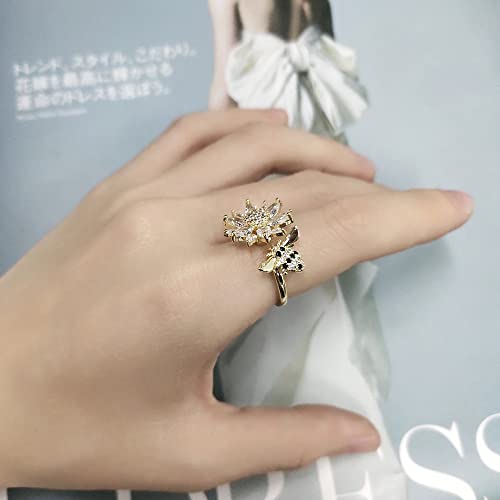 Daisy Honey Bee Fidget Spinner Ring For Women Girls Fashion Anti Anxiety Rotatable Wedding Ring Charms Cubic Zirconia Open Adjustable Stress Relief Jewelry Gift Engagement Birthday Valentine's Day #TOP5