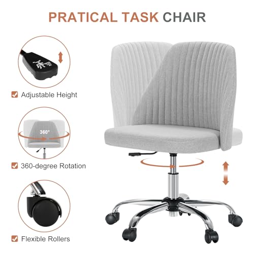 Image of Sweetcrispy Armless Vanity Chair, Cute Comfy Home Office Desk Chair with Wheels, Modern Upholstered Task Computer Seat for Bedroom, Study, Makeup Vanity, Height Adjustable & Swivel, Classic Gray