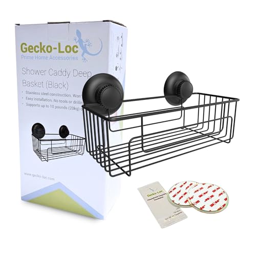 Gecko-Loc Large Deep suction cup wall mount bathroom shower caddy - shampoo storage basket shelf organizer caddie bath shelves - Black