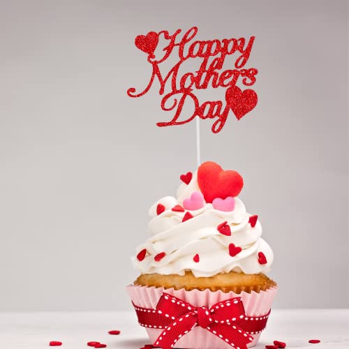 15Pcs Happy Mother's Day Cake Topper Red Glitter Cake Topper Mothers Day Cupcake Topper Heart Shaped Cake Picks Cake Accessories For Mom's Birthday Mother's Day Gifts Cake Decoration Party #TOP3