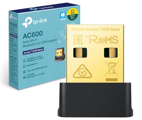 TP-Link Archer T2UB Nano AC600 Nano Wi-Fi Bluetooth 4.2 USB Adaptador (2.4 GHz 200 Mbps, 5 GHz 433 Mbps, tamaño Nano, Compatible con Win 11/10/8.1/8/7, estándares de cifrado WPA3, Bluetooth 4.2)